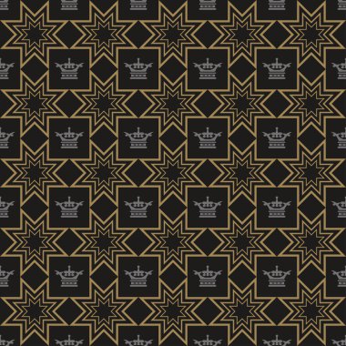 Kraliyet tacıyla Geometrik arka plan. Modern, dikişsiz duvar kağıdı dokusu. Kumaşlar, kapaklar, desenler, posterler, duvar kağıtları için ideal. Vektör resim arkaplanı