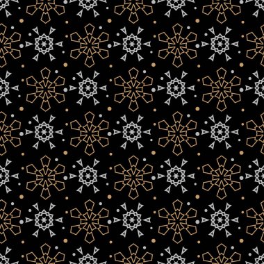 Kar tanesi pürüzsüz desen. Noel arkaplan modeli. Siyah arkaplanda tekstil tasarımı için doku. Paketleme kağıdı tasarımı. Vektör resmi