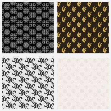 Basit arkaplan kalıpları. Renkler: Siyah, altın, gri. Duvar kağıdı dikişsiz desen, doku. Vektör seti