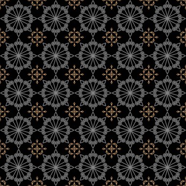 Dekoratif arka plan modeli. Kusursuz duvar kağıdı dokusu. Görüntüdeki renkler: siyah, gri, altın rengi. Vektör illüstrasyonu