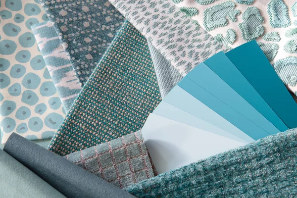 Teal Turquoise Interior Decoration Plan Fabric Samples Paint Swatches — Stock Photo, Image
