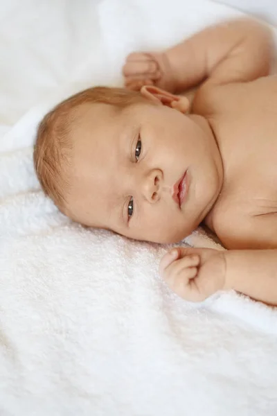 Lilla Nyfödda Baby Pojke Sovande Vit Filt Liggande Sängen — Stockfoto