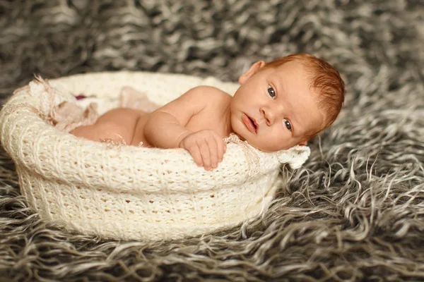 Little Newborn Baby Basket Sleeping Blanket Lying Bed — Stock Photo, Image