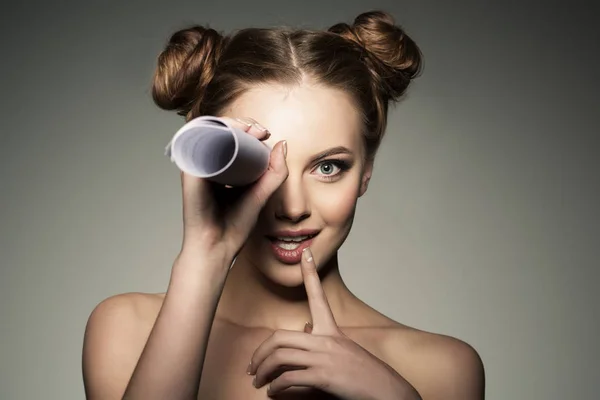 Scouting News Gossip Beautiful Girl Looks Telescope Paper Roll — Stock Photo, Image