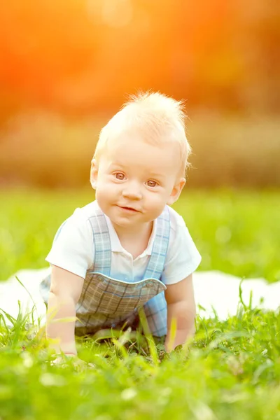 Schattige Kleine Baby Zomer Park Het Gras Zoete Baby Buitenshuis — Stockfoto