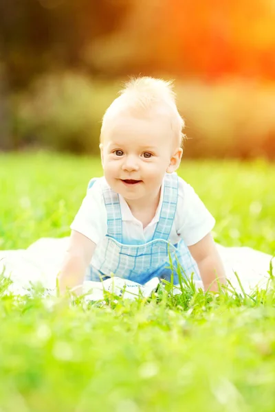 可爱的小宝宝在夏季公园的草地上 甜甜宝贝在户外 微笑情感 — 图库照片