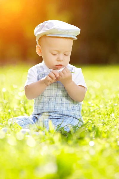 Aranyos Kis Bébi Nyári Parkban Füvön Édes Baba Szabadban Mosolyogva — Stock Fotó