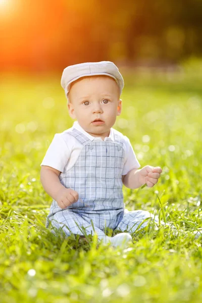 可爱的小宝宝在公园里的草地上 可爱的宝宝在户外 微笑的情感的孩子 — 图库照片