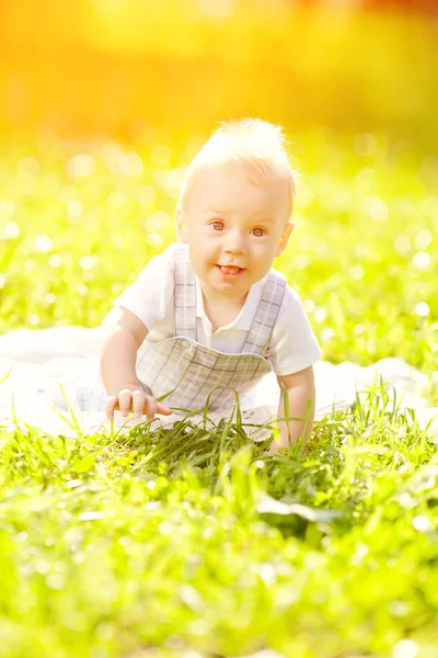 Χαριτωμένο Μωράκι Στο Πάρκο Καλοκαίρι Στο Γρασίδι Γλυκό Μωρό Εξωτερικούς Εικόνα Αρχείου