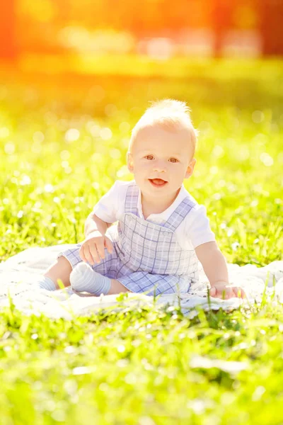 夏の公園は草の上にかわいい赤ちゃんです 甘い赤ちゃん屋外 感情的な笑みを浮かべてください ロイヤリティフリーのストック写真
