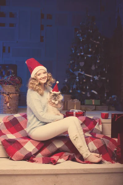 Festa Natale Vacanze Invernali Donna Con Gatto Ragazza Capodanno Albero — Foto Stock