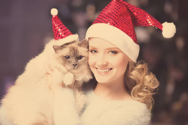 クリスマス パーティー 猫と冬休日女性 新年ガールです インテリアの背景のクリスマス ツリー — ストック写真