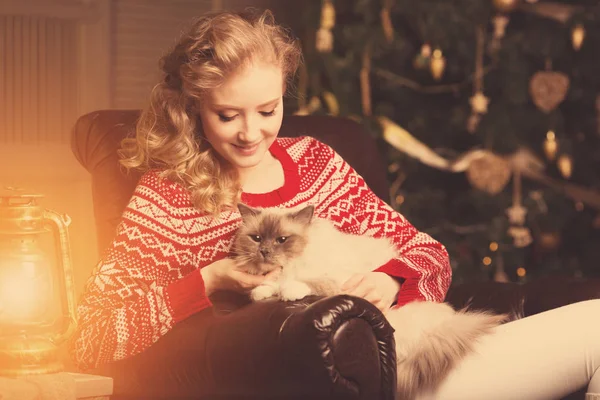 Karácsonyi Party Téli Ünnepek Macskával Lány Karácsonyfa Belső Háttérben — Stock Fotó