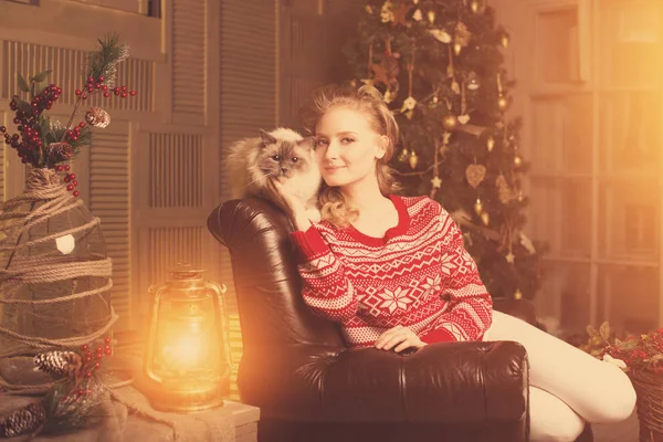 Weihnachtsfeier Winterurlaub Frau Mit Katze Neujahrsmädchen Weihnachtsbaum Hintergrund — Stockfoto