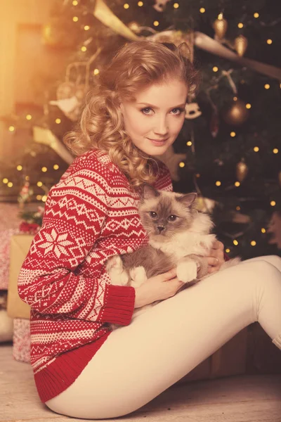 Weihnachtsfeier Winterurlaub Frau Mit Katze Neujahrsmädchen Weihnachtsbaum Hintergrund — Stockfoto