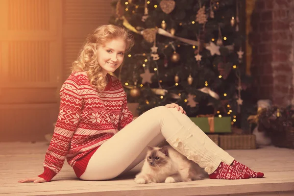 Festa Natale Vacanze Invernali Donna Con Gatto Ragazza Capodanno Albero — Foto Stock