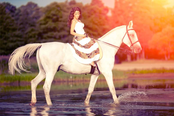 Beautiful Woman Horse Horseback Rider Woman Riding Horse Beach — Stock Photo, Image