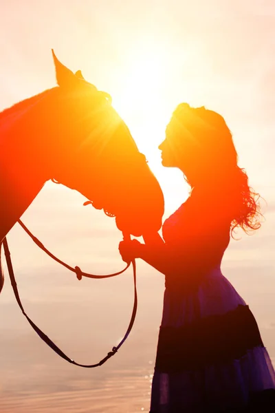 Üstünde Güzel Bir Kadın Horseback Binici Kadını Kumsalda Ata Binme — Stok fotoğraf