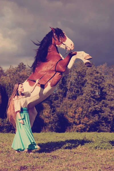 Beautiful Young Woman Horse Field Girl Farm Animal Luxury Woman — Stock Photo, Image