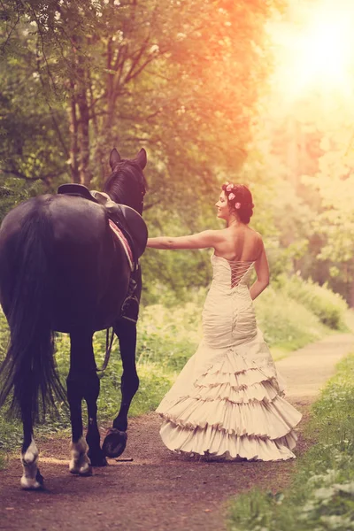 Vacker Kvinna Och Dark Horse — Stockfoto