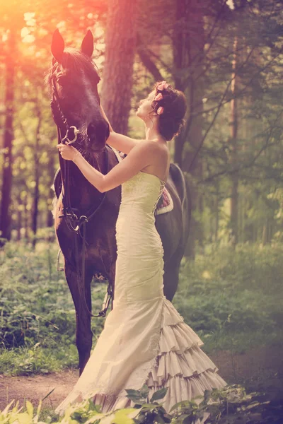 Mooie Vrouw Een Donker Paard — Stockfoto