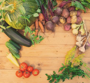 Ahşap arka plan üzerinde taze sebzelerin hasat. Üstten görünüm. Patates, havuç, kabak, bezelye, domates, yeşillik, pancar, kabak, domates, biber, soğan, sarımsak, salatalık, dereotu.