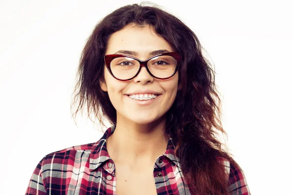 Menina Nerd Óculos Com Suportes Dentes Positivo Excelente Estudante Hipster — Fotografia de Stock