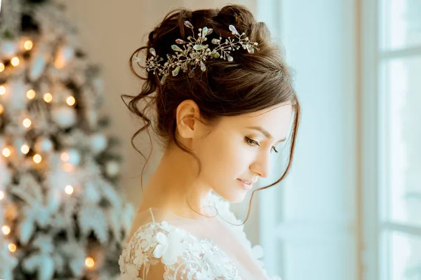 Braut Hochzeit Die Braut Einem Kurzen Kleid Mit Spitze Den — Stockfoto