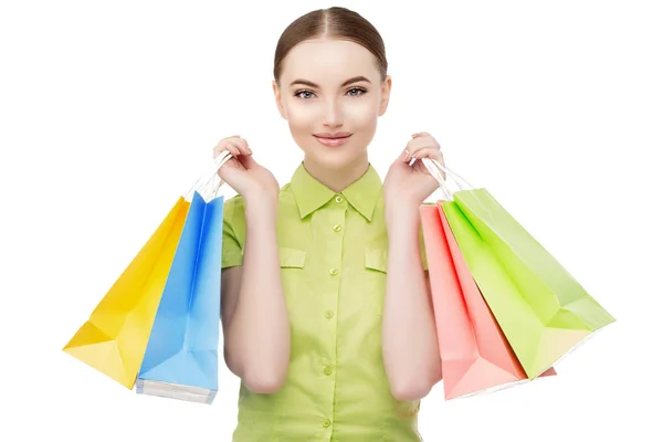 Mulher Com Sacos Compras Mão Uma Mulher Faz Compras Shopping — Fotografia de Stock