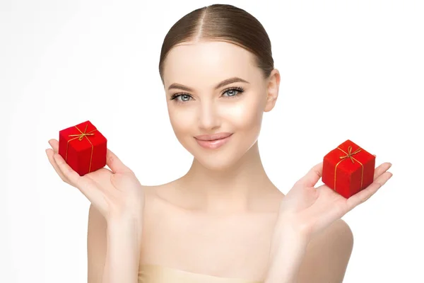 Gyönyörű Modell Piros Dobozok Arany Szalagok Kezét Ajándékokat Holiday Születésnapok Jogdíjmentes Stock Fotók