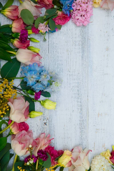 Spring Flowers Wood Background Summer Blooming Border Wooden Table — Stock Photo, Image