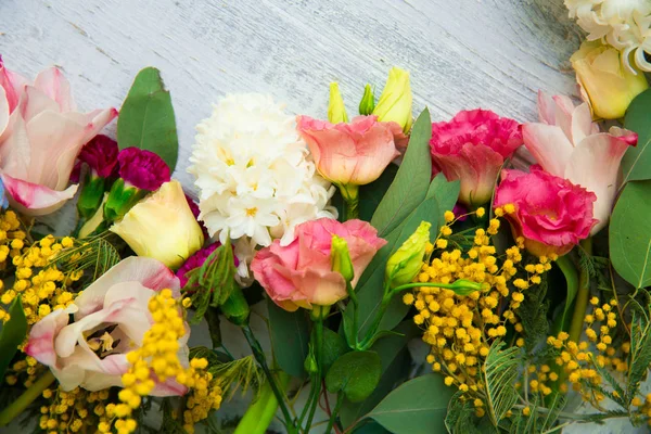 Spring Flowers Wood Background Summer Blooming Border Wooden Table — Stock Photo, Image