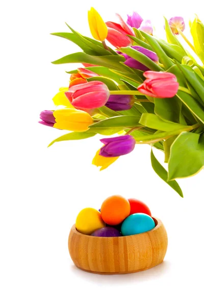 Tarjeta Huevos Pascua Con Flores Primavera Sobre Fondo Blanco —  Fotos de Stock