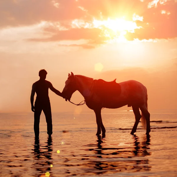 Macho Hombre Caballo Fondo Del Cielo Agua Modelo Niño Vaquero — Foto de Stock