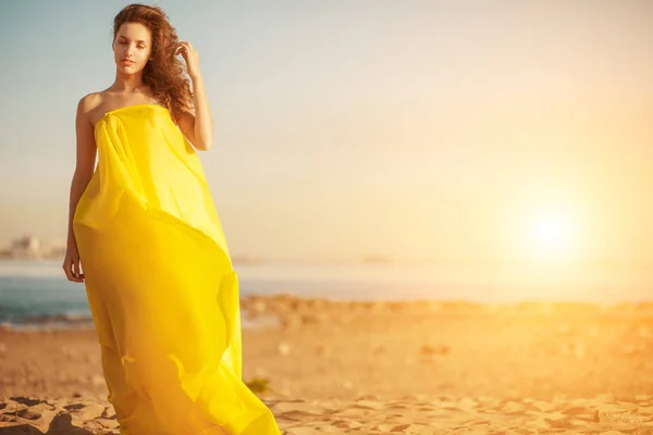 Fashion Girl Long Dress Summer Sunset Background Beautiful Model Beach — Stock Photo, Image