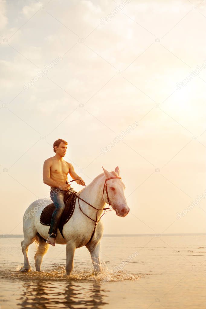 Macho man and horse on the background of sky and water. Boy model, cowboy on horseback on the beach by the sea at sunset. Men, backlit in sunshine. A positive summer time scene.