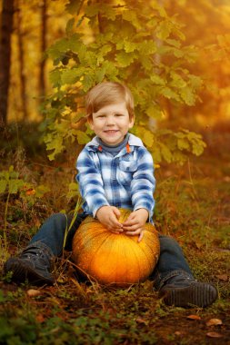 Küçük çocuk bir balkabağıyla oturuyor ve gülümsüyor. Çocuk Cadılar Bayramı 'nın tadını çıkarıyor..