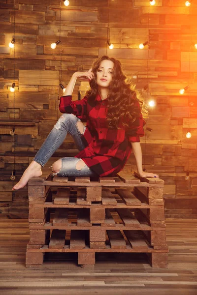 Young Beautiful Modern Fashionable Girl Red Dress Torn Jeans Cage — Stock Photo, Image