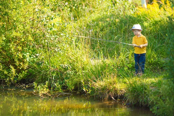 Den Lille Pojken Fiskar Damm Barn Med Ett Mejeri Händerna — Stockfoto