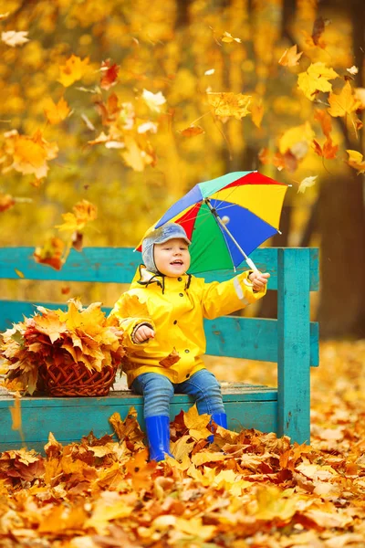 Sonbaharın Arka Planında Küçük Bir Çocuk Elinde Gökkuşağı Şemsiyesi Olan — Stok fotoğraf