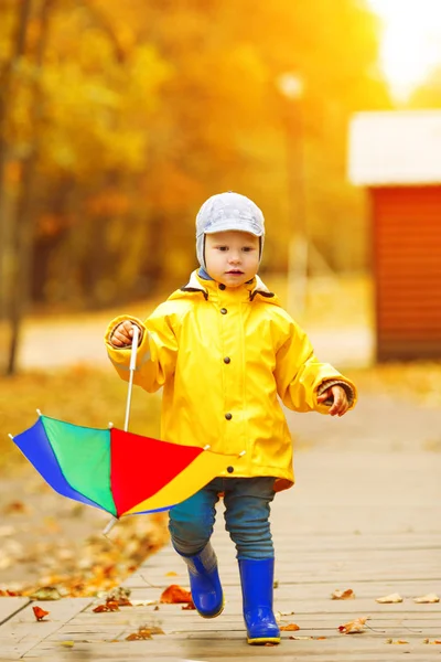 Kleine Jongen Achtergrond Van Herfst Park Met Regenboog Paraplu Handen — Stockfoto