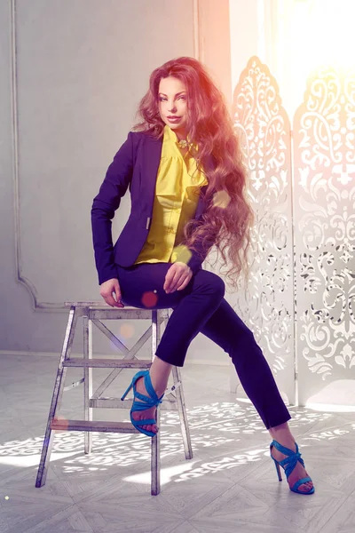 Portrait Beautiful Modern Girl Long Curly Hair Yellow Blouse Shoulders — Stock Photo, Image