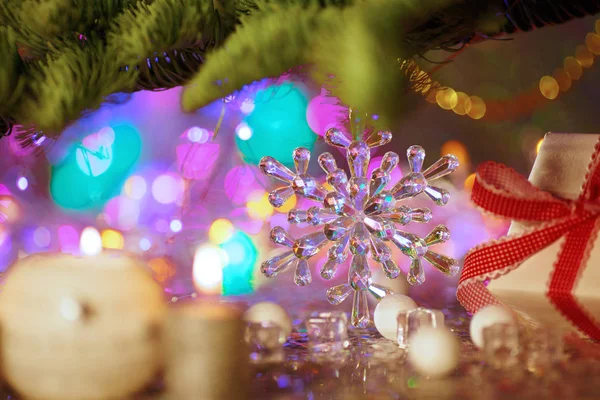 Cartão Natal Antecedentes Sobre Tema Festa Ano Novo Abeto Decorado — Fotografia de Stock