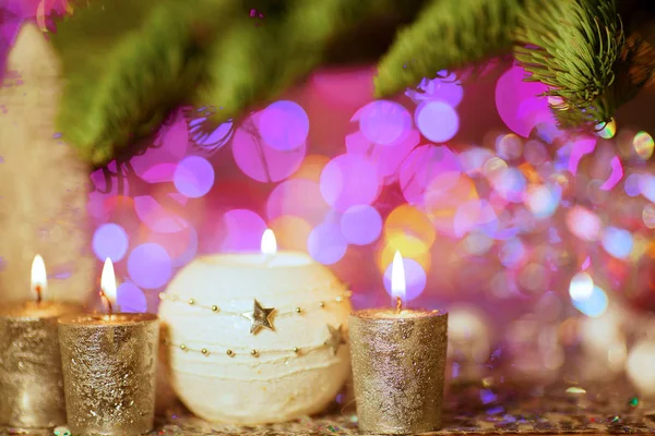 Cartão Natal Antecedentes Sobre Tema Festa Ano Novo Abeto Decorado — Fotografia de Stock