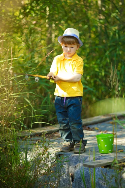 Мальчик Занимается Рыбалкой Пруду Ребенок Молочной Продукцией Руках Стоковое Фото