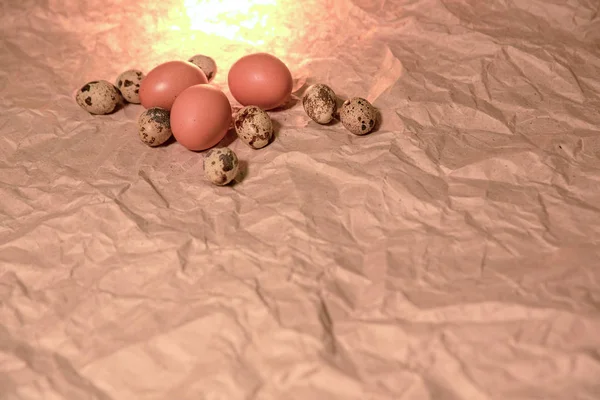 皱巴巴的牛皮纸上的复活节彩蛋 — 图库照片
