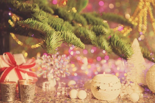 Biglietto Natale Sfondo Tema Della Festa Capodanno Abete Decorato Con Fotografia Stock