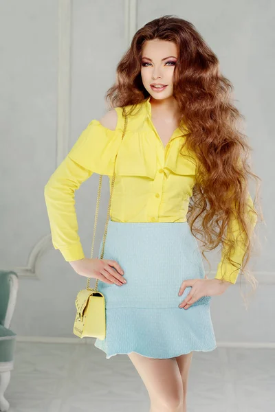 Portrait Beautiful Modern Girl Long Curly Hair Yellow Blouse Shoulders — Stock Photo, Image