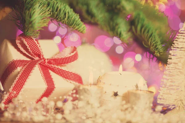 Weihnachtskarte Hintergrund Ist Ein Thema Der Neujahrsparty Geschmückter Tannenbaum Mit — Stockfoto