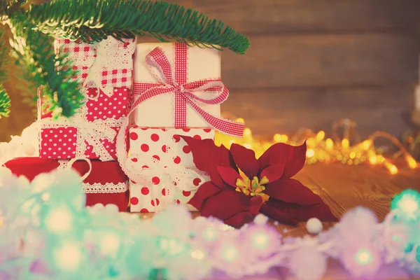 Cartão Natal Antecedentes Sobre Tema Festa Ano Novo Abeto Decorado — Fotografia de Stock